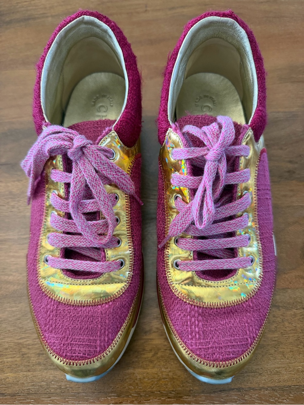 CHANEL Pink Knit Sneakers with Gold Accent Panels